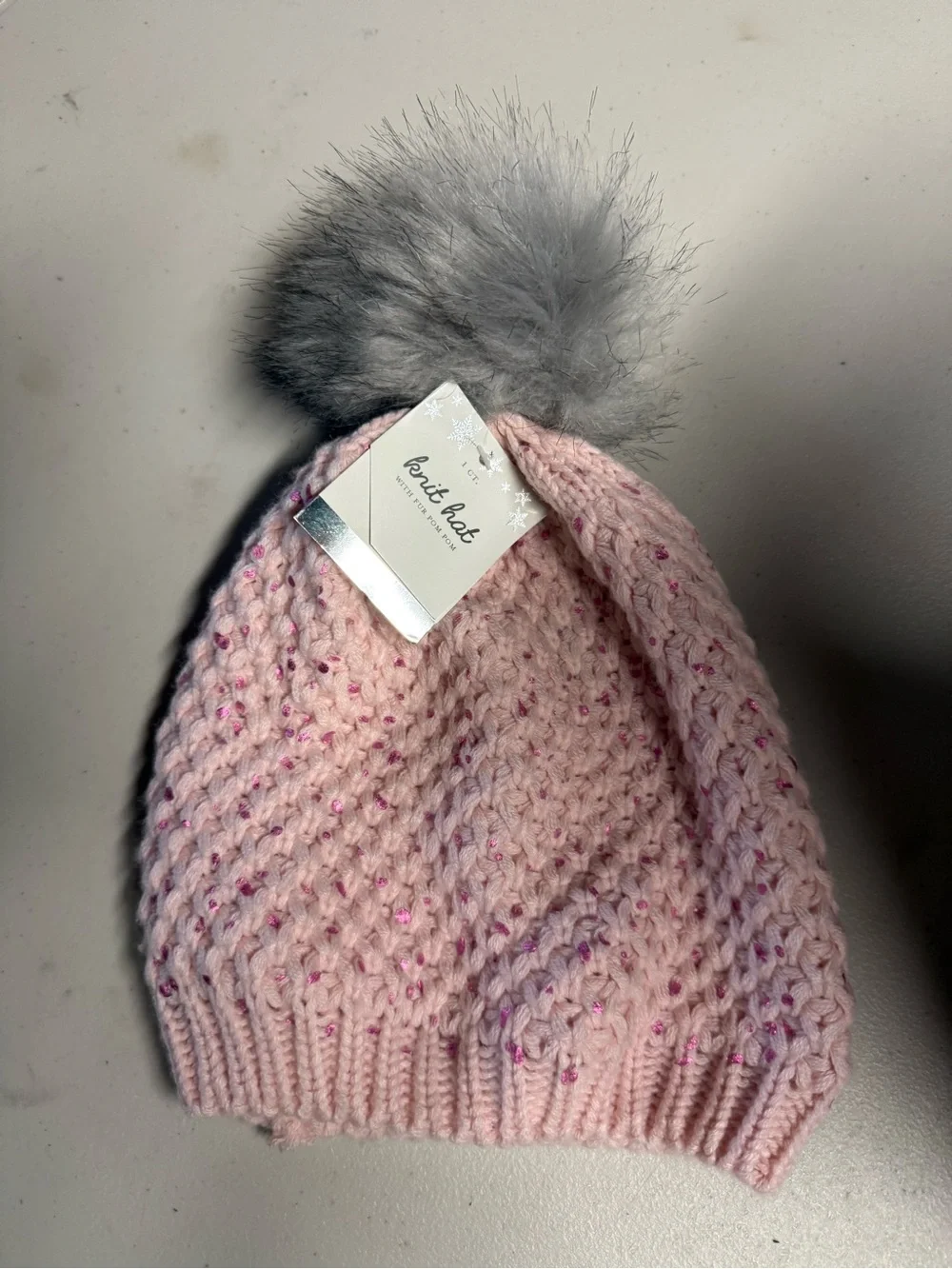 Girls Pink Knit Pom Beanie Hat with Gray Faux Fur Pom Pom One Size NEW